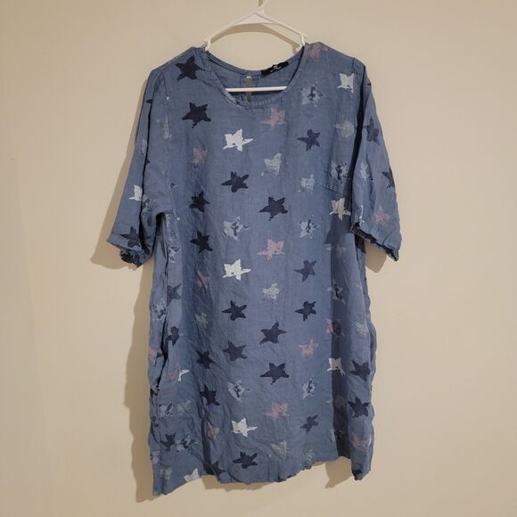 Womens Linen Star Pattern Dress Size XL Mini Shirt Dress Novelty Print Celestial - Picture 1 of 5